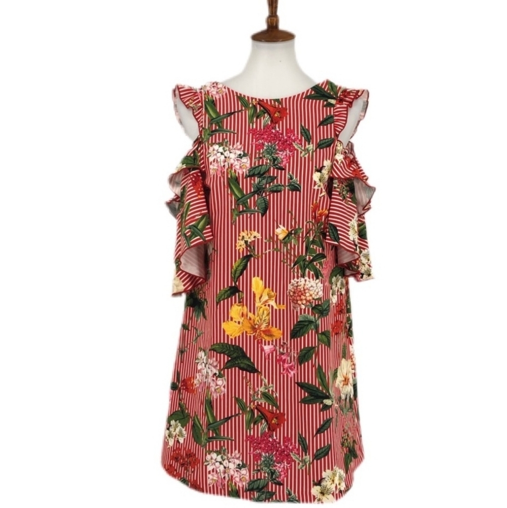 ZARA - Floral Striped Red Romper - Large, Excellent Condition